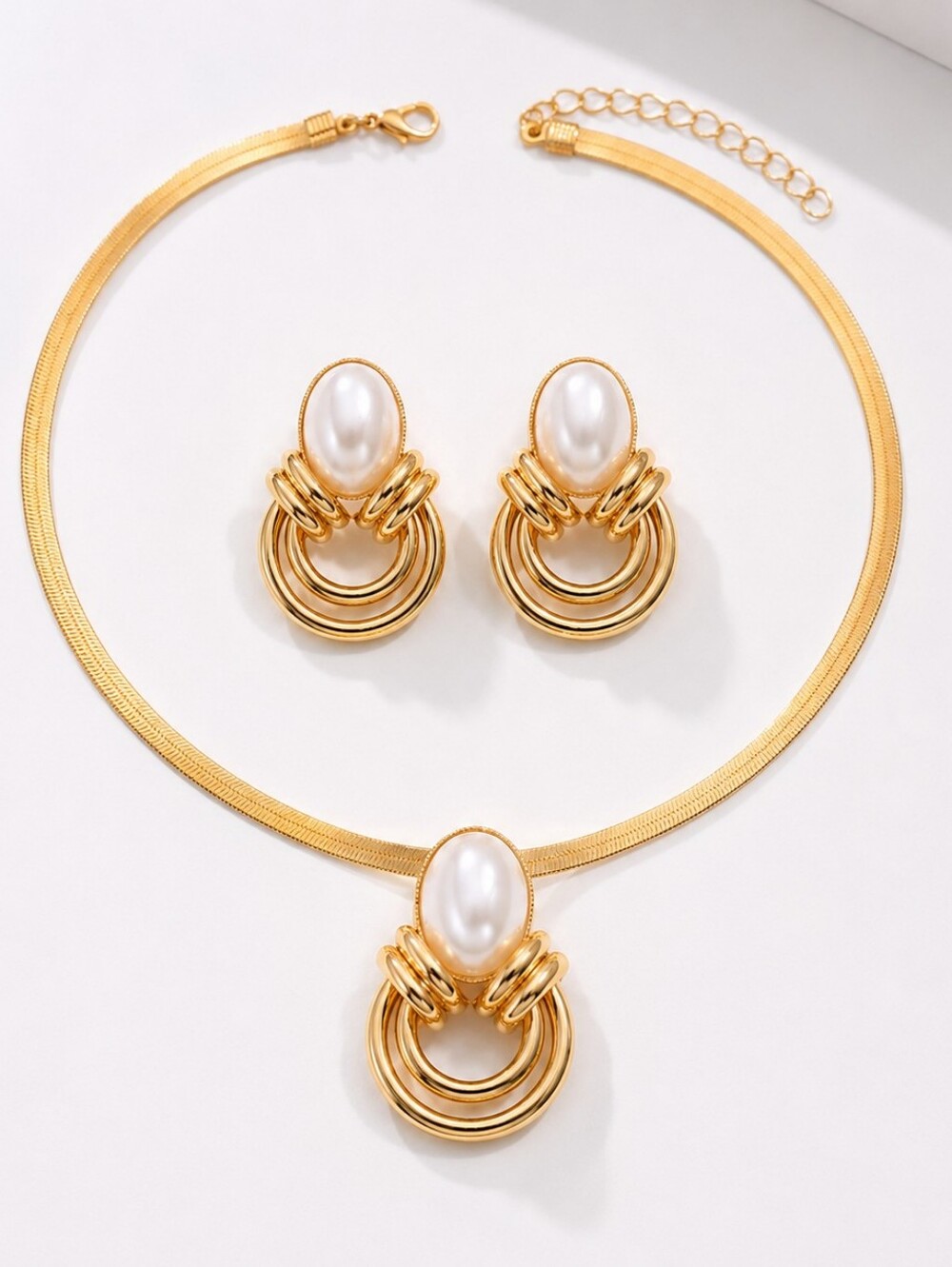 Gold Pearl Pendant Necklace and Earring Set - Classic Gold Tone